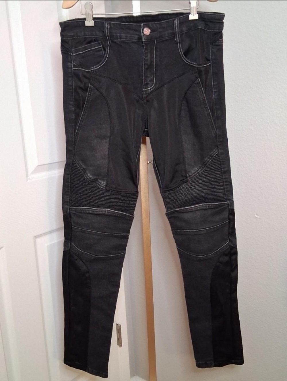 Mens Loong Biker Black Denim Moto Pants 32 L